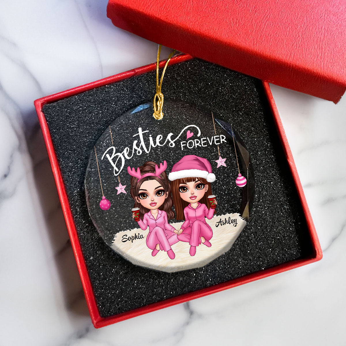 Besties Forever Pink Clothes Y2K Best Friends Personalized Glass Ornament, Friendship Christmas Gift