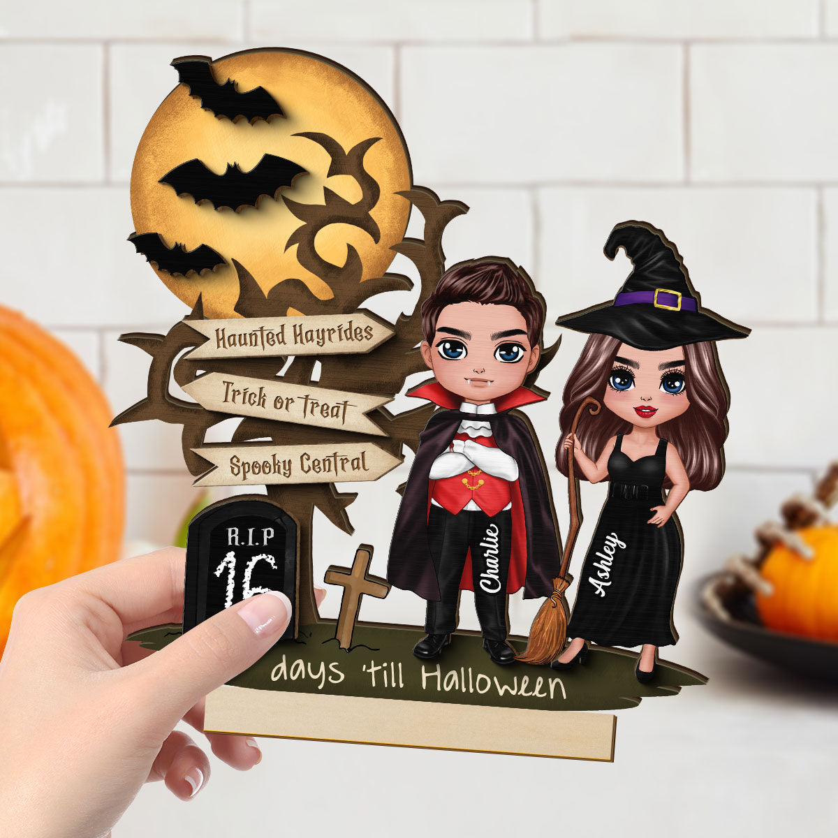 Couple Halloween Countdown Moon Bat Tree Personalized 2-Layer Standing Wooden Plaque