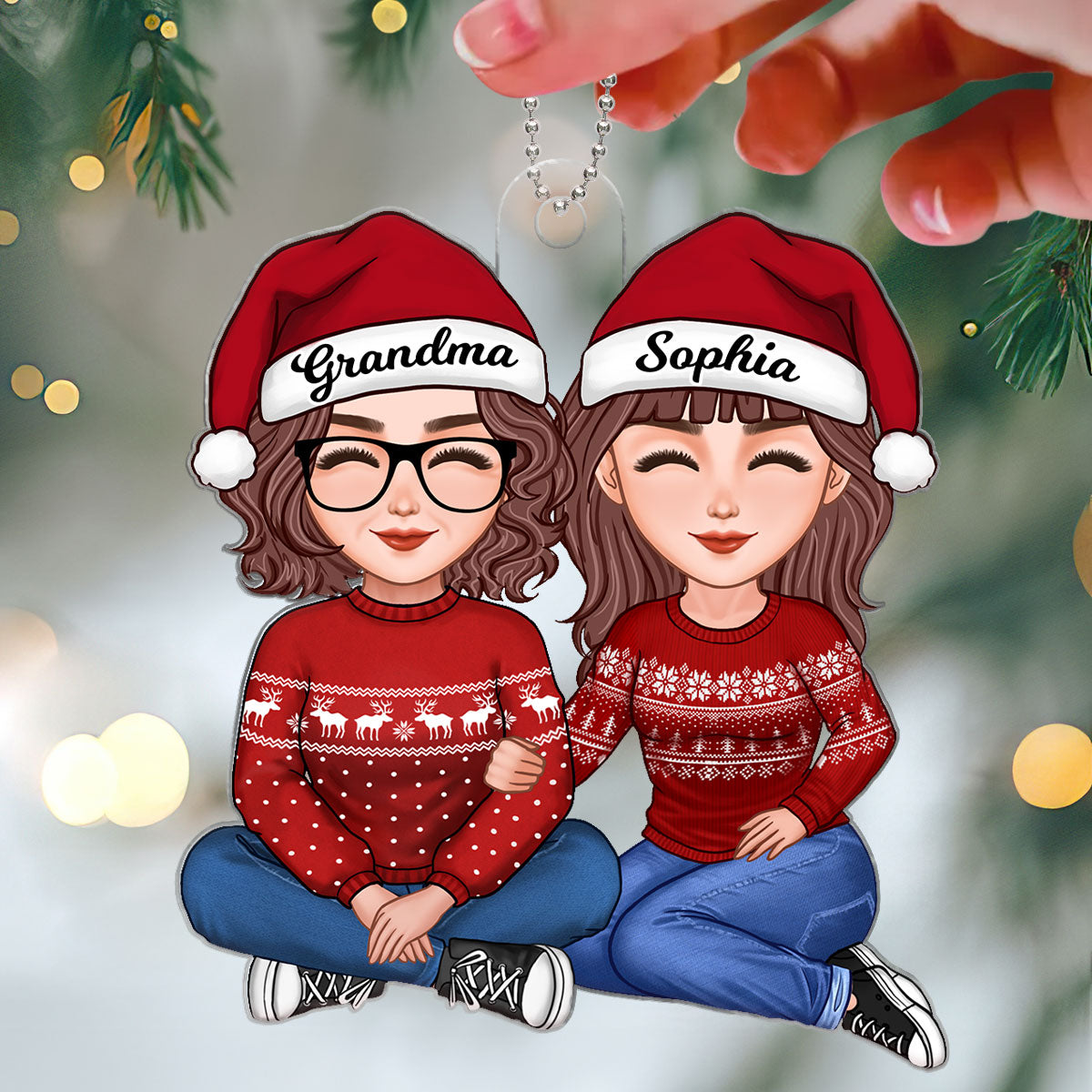Cute Grandma Sitting With Teenage Granddaughter Grandson Christmas Gift Personalized Acrylic Ornament