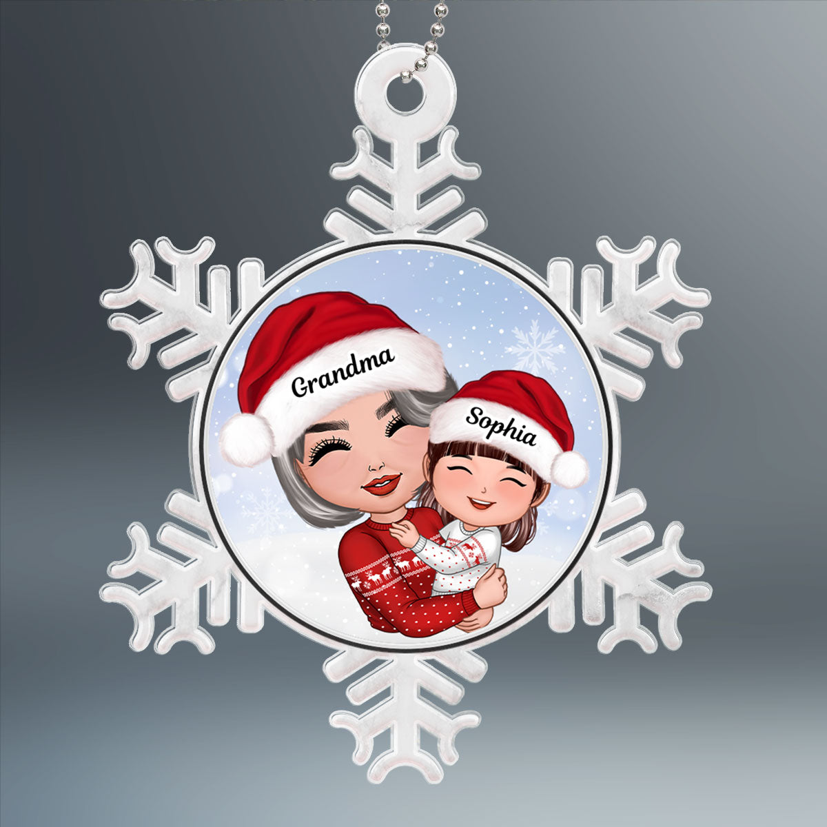 Doll Grandma Hugging Grandkid Personalized Snowflake Shaped Acrylic Ornament