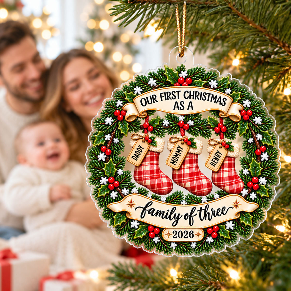 Heartwarming Christmas Wreath Stockings Our First Christmas As Family Of Three - Personalized Acrylic Ornament - Christmas Keepsake, Gift For New Mom, New Dad, New Parents