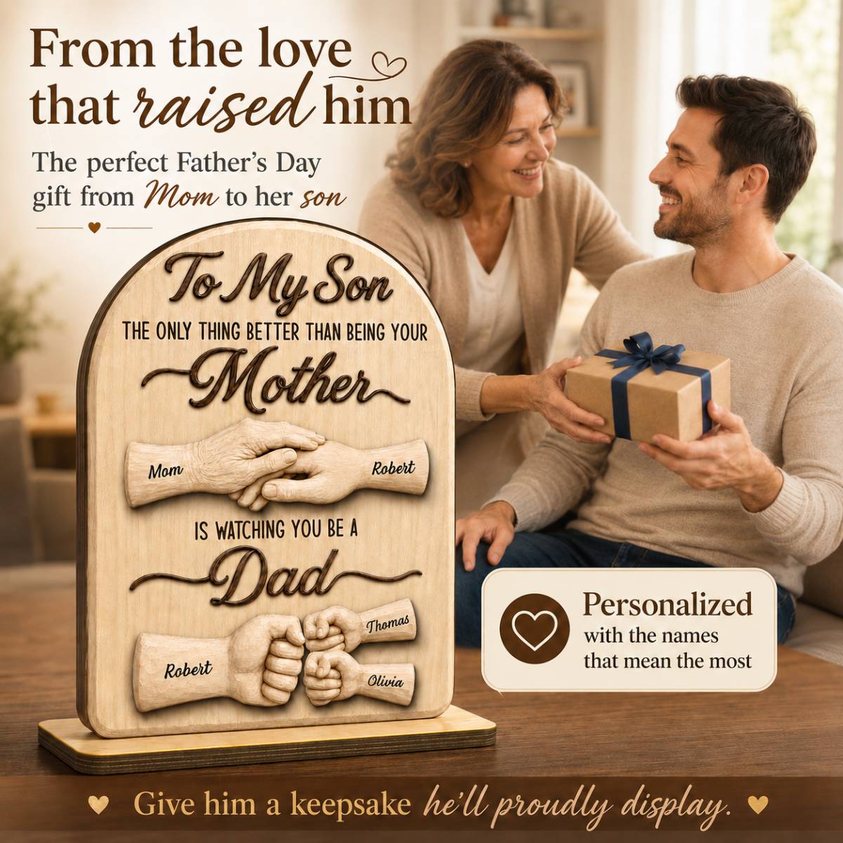 To My Son Watching You Be A Dad From Mom - Personalized 2-Layered Wooden Plaque - Father's Day Gift For Son