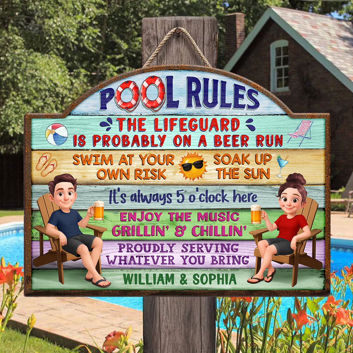 Cute Cartoon Couple Family Pool Rule Personalized Wood Sign