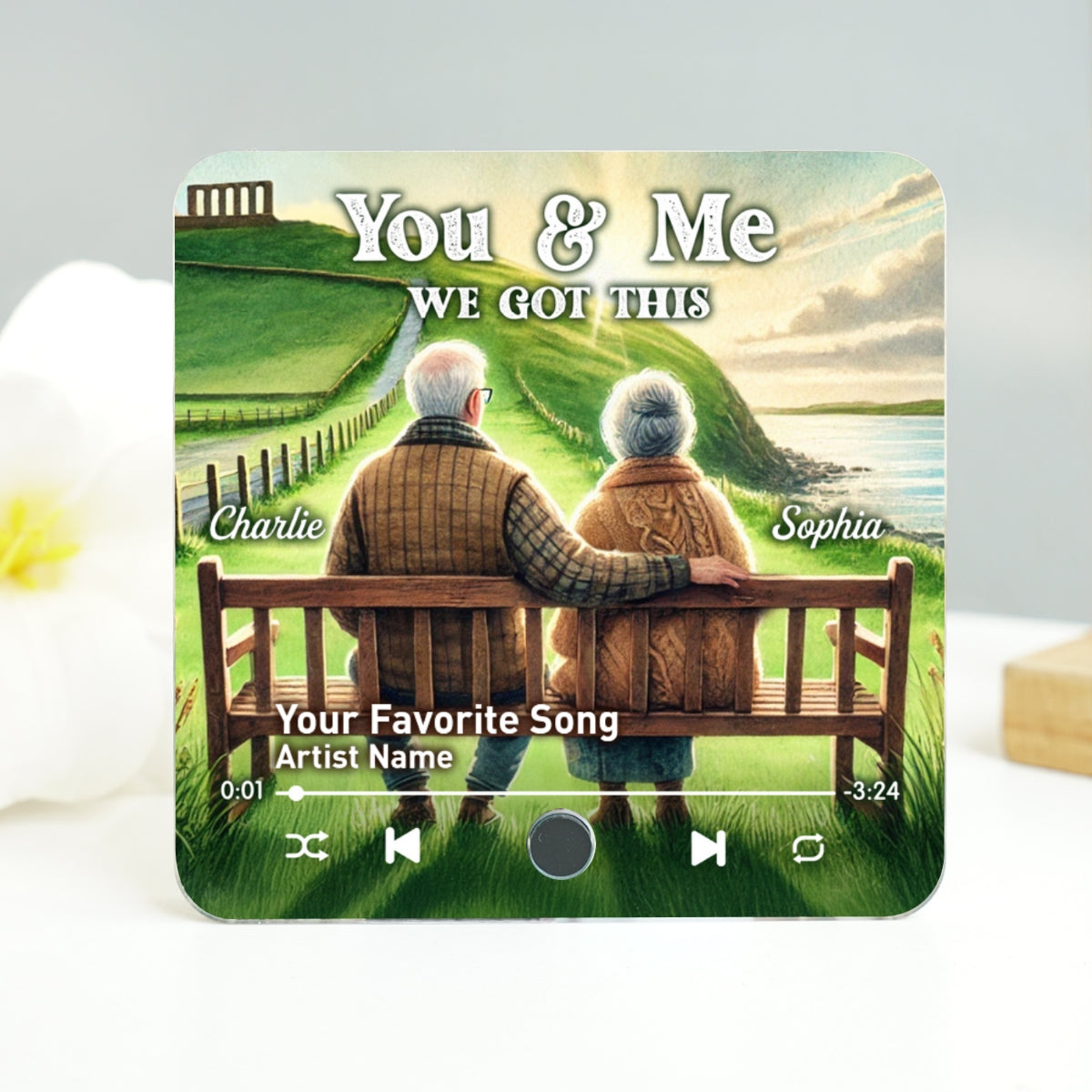 Old Couple Sitting On Grass Hill Favorite Song Personalized Music Fridge Magnet, Valentine's Gift For Her, Gift For Him