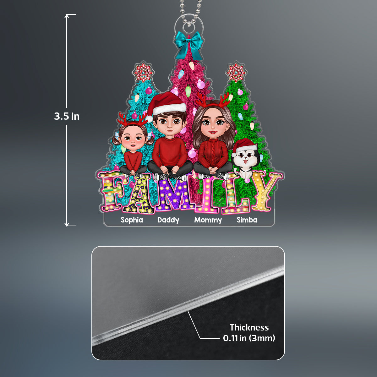 Family Sitting Crossed Legs Christmas Tree Colorful Marquee Personalized Acrylic Ornament