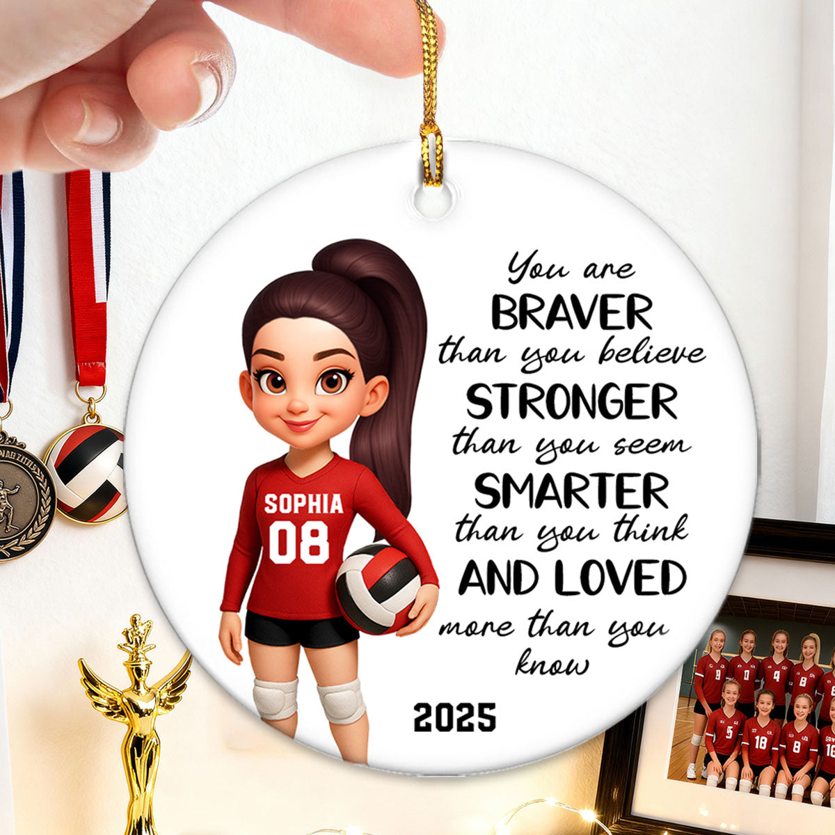 Christmas Volleyball Player Emotional Support You Are Braver Than You Think - Personalized Ceramic Ornament
