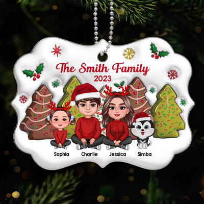 3D Christmas Tree Cakes Inflated Family Sitting Crossed Legs Personalized Acrylic Ornament