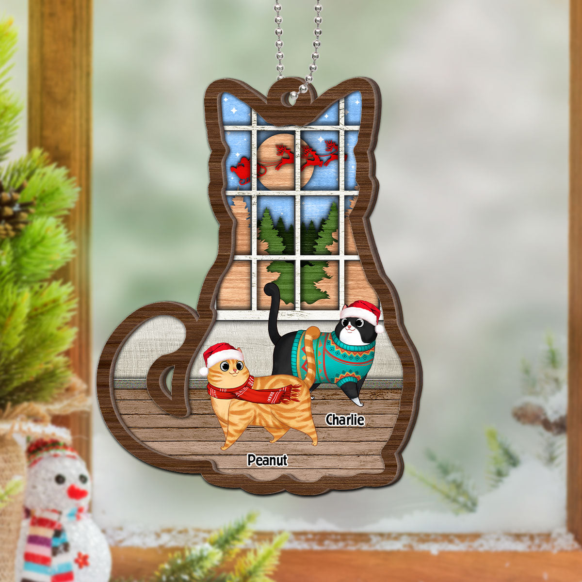Full Cat Shaped Personalized Christmas 2-Layer Wooden Ornament