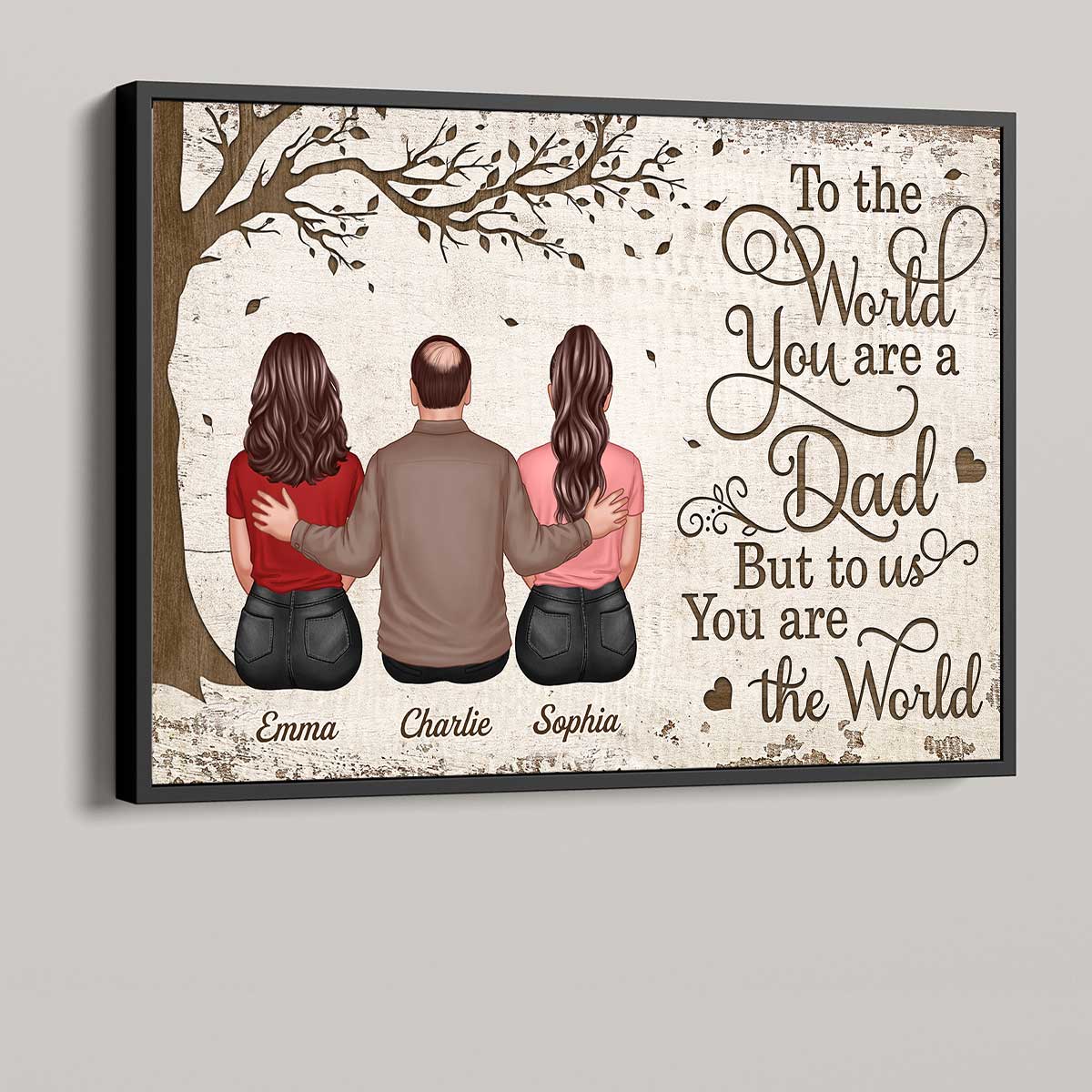 Back View Dad And Son Daughters Sitting Under Tree Personalized Horizontal Poster