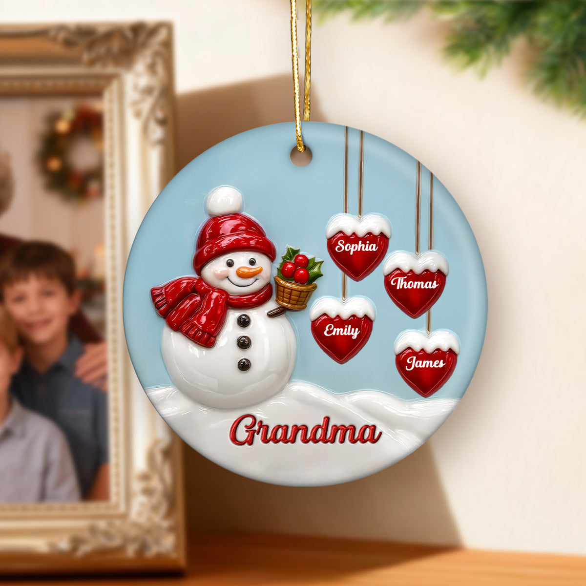 3D Effect Grandma Snowman - Personalized Ceramic Ornament - Christmas Decor For Grandma
