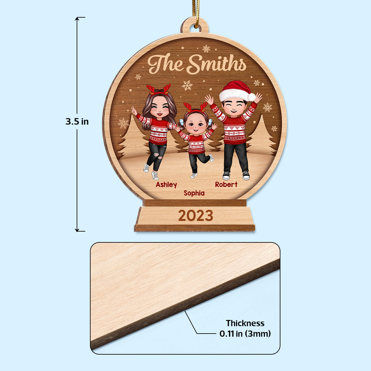Happy Christmas Doll Family In Snow Globe Personalized Wooden Ornament