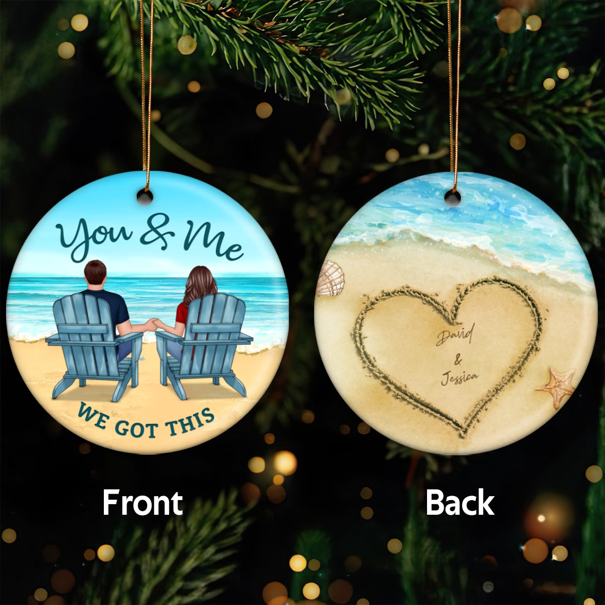 Back View Couple On Beach Names On Sand Tropical Christmas Ornament for Him and Her, Wedding Anniversary Personalized 2-Sided Circle Ornament