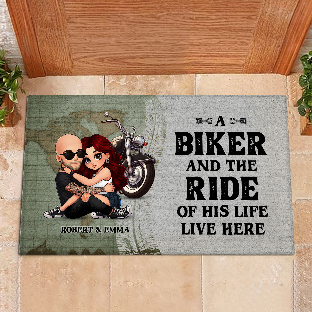 An Old Biker and the Ride of His Life Live Here Personalized Doormat, Custom Motorcycle Gift for Couples