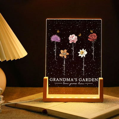 Grandma's Garden Love Grows Here Birthmonth Flowers Personalized U-Base Acrylic LED Night Light, Grandkids Names Floral Gift