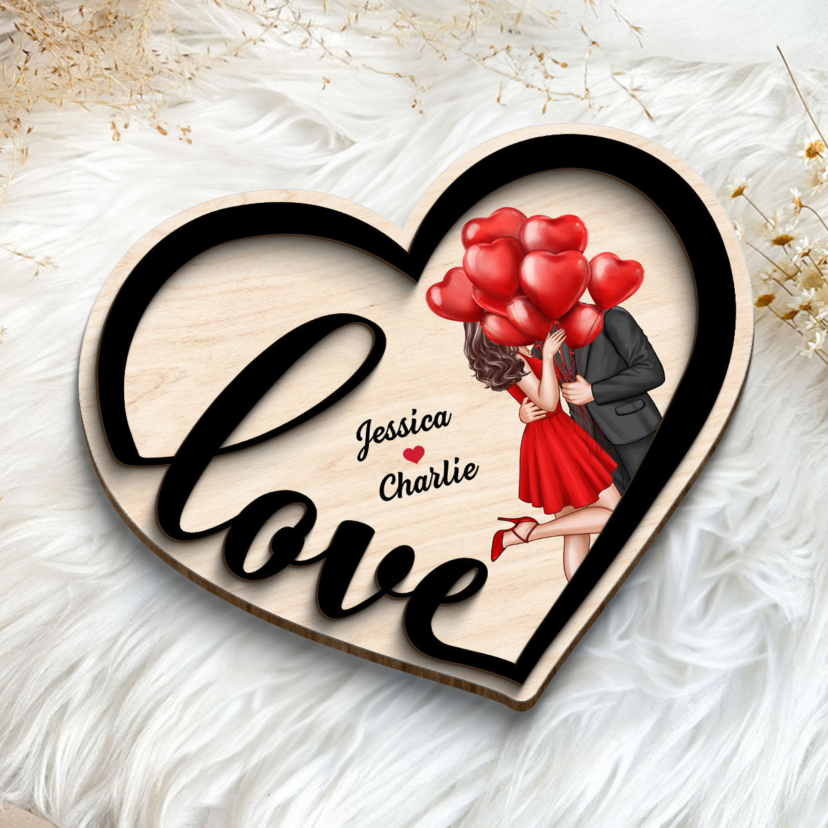 Couple Love Heart Elegant Kissing Personalized 2-layer Wooden Plaque