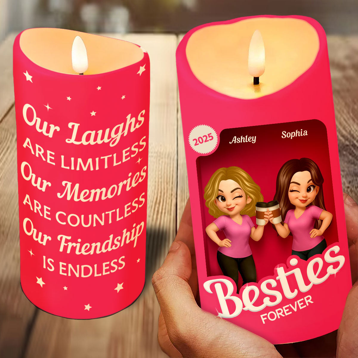 Pink Besties Our Friendship Is Endless Christmas Personalized LED Candle
