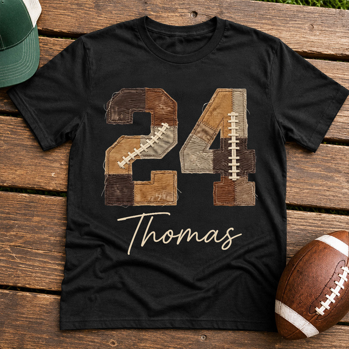 Custom Football Number and Name - Personalized Shirt - Sports Mom Faux Patchwork Tee, Game Day