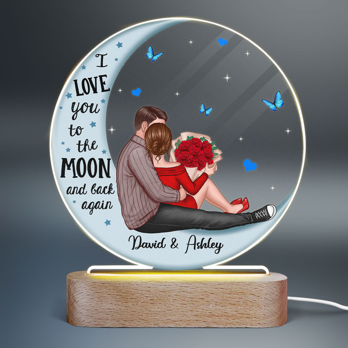 Couple Hugging Blue Moon Personalized Circle Plaque LED Night Light - Acrylic LED Lamp - Valentine‘s Day Gift For Him, Gift For Her