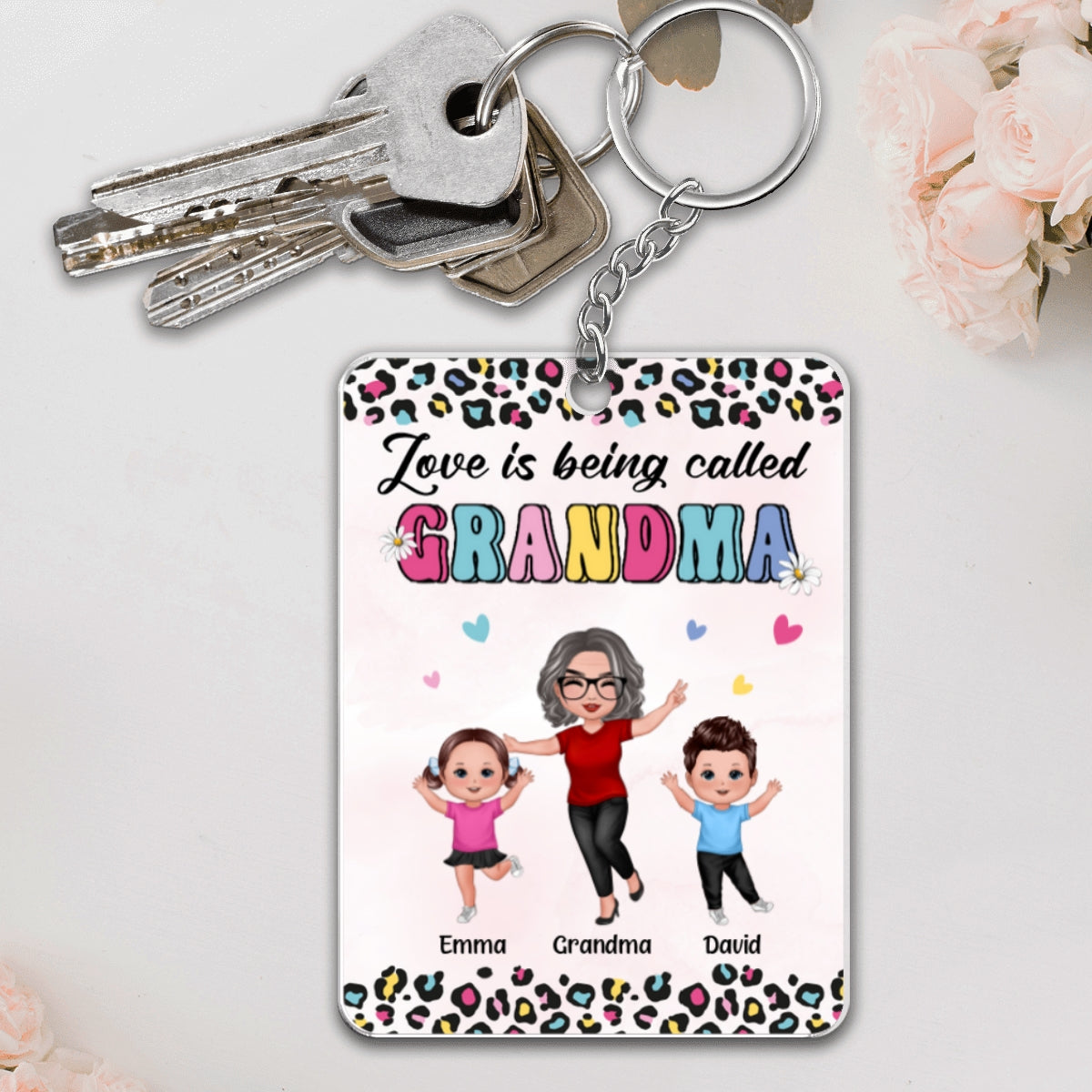 Colorful Leopard Happy Doll Grandma Grandkids Personalized Acrylic Keychain