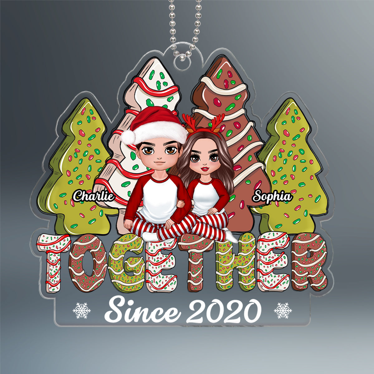 Christmas Tree Cakes Couple Sitting Together Personalized Acrylic Ornament