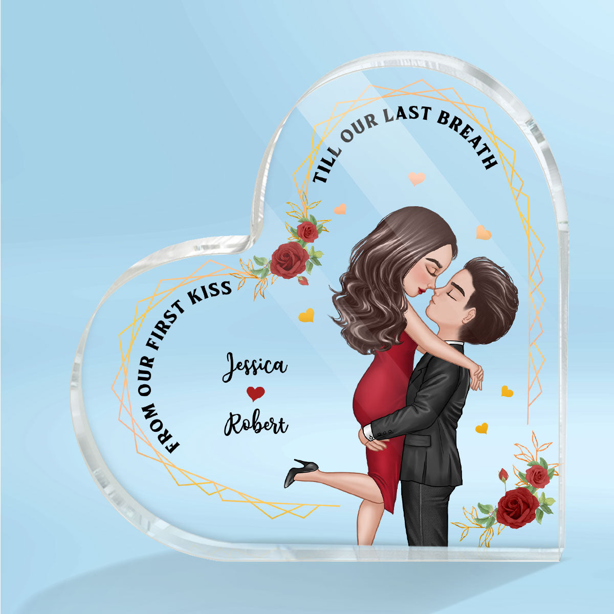 Hugging Couple From Our First Kiss Couple Personalized Acrylic Heart Plaque