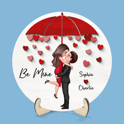 Be Mine Couple Kissing Under Umbrella Personalized 2-layer Wooden Plaque