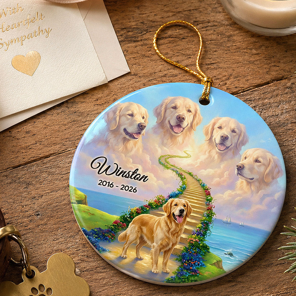 Pet Memorial Stairway To Heaven - Personalized Ceramic Ornament - Custom Pet Photo, Pet Loss Gift, Sympathy Gift
