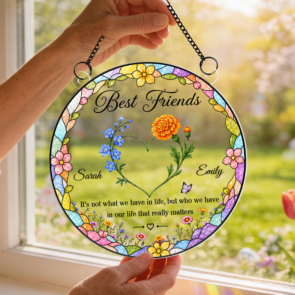 Best Friends Birth Month Flowers Heart Shaped - Personalized Acrylic Window Hanging - Friendship Gift for Besties