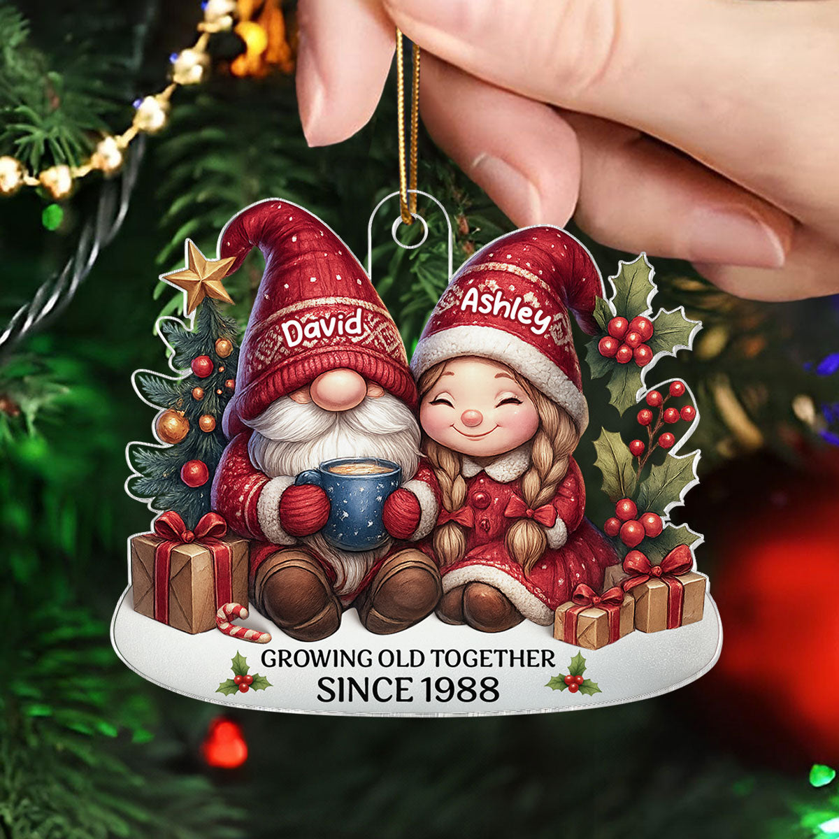 Gnome Couple Growing Old Together Personalized Acrylic Ornament, 3D Effect Ornament for Couples