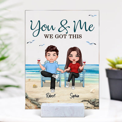 Front View Doll Couple Sitting Holding Hand Beach Landscape Personalized Acrylic Plaque