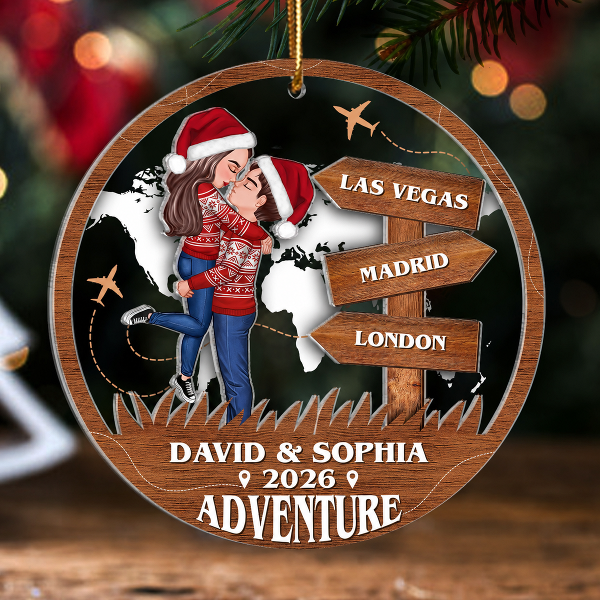 Adventure Kissing Couple Personalized 2-Layer Acrylic Ornament, Christmas Gift For Couple, Gift For Travelers