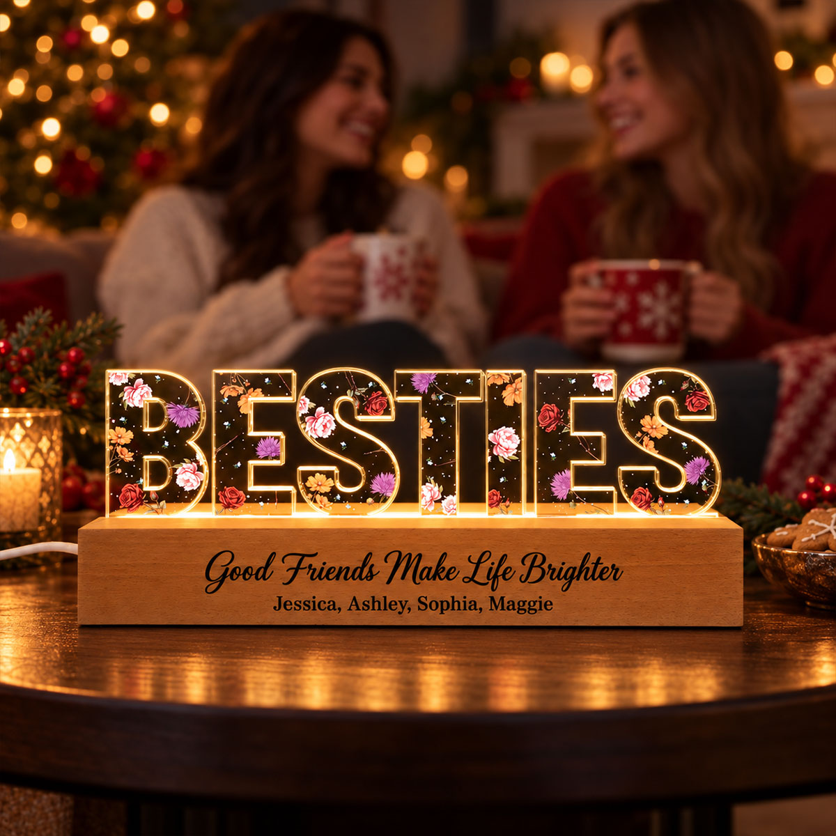 Besties Forever Together Custom Birth Month Flowers - Personalized Acrylic Plaque LED Night Light - Christmas Gift Best Friends, Besties