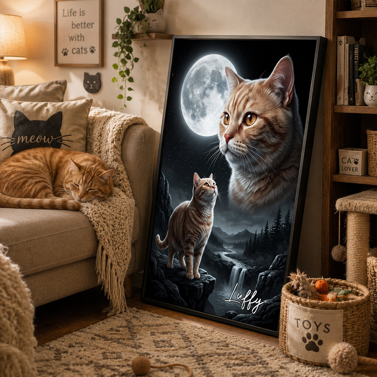 Cat Howling to the Moon Custom Pet Photo - Personalized Poster - Halloween Gift for Cat Lovers