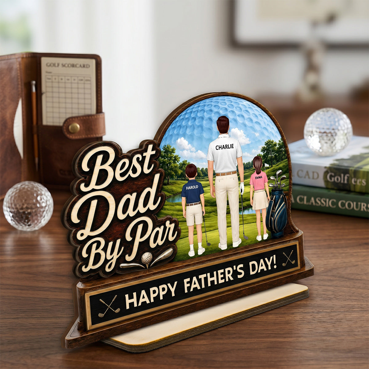 Best Dad By Par Custom Man & Kids Back View - Personalized 2-Layered Wooden Plaque - Father's Day Gift For Golf Dad