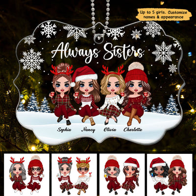 Doll Sisters Siblings Sitting Snow Background Personalized Acrylic Ornament