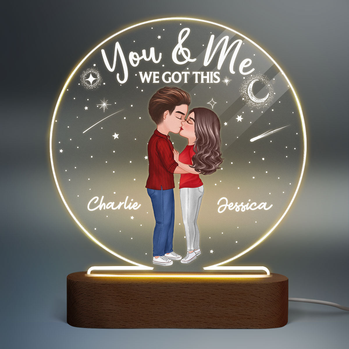 Doll Couple Kissing Personalized Circle Acrylic Plaque With LED Night Light - Valentine‘s Day Gift - Anniversary Gift For Her - Gift For Him