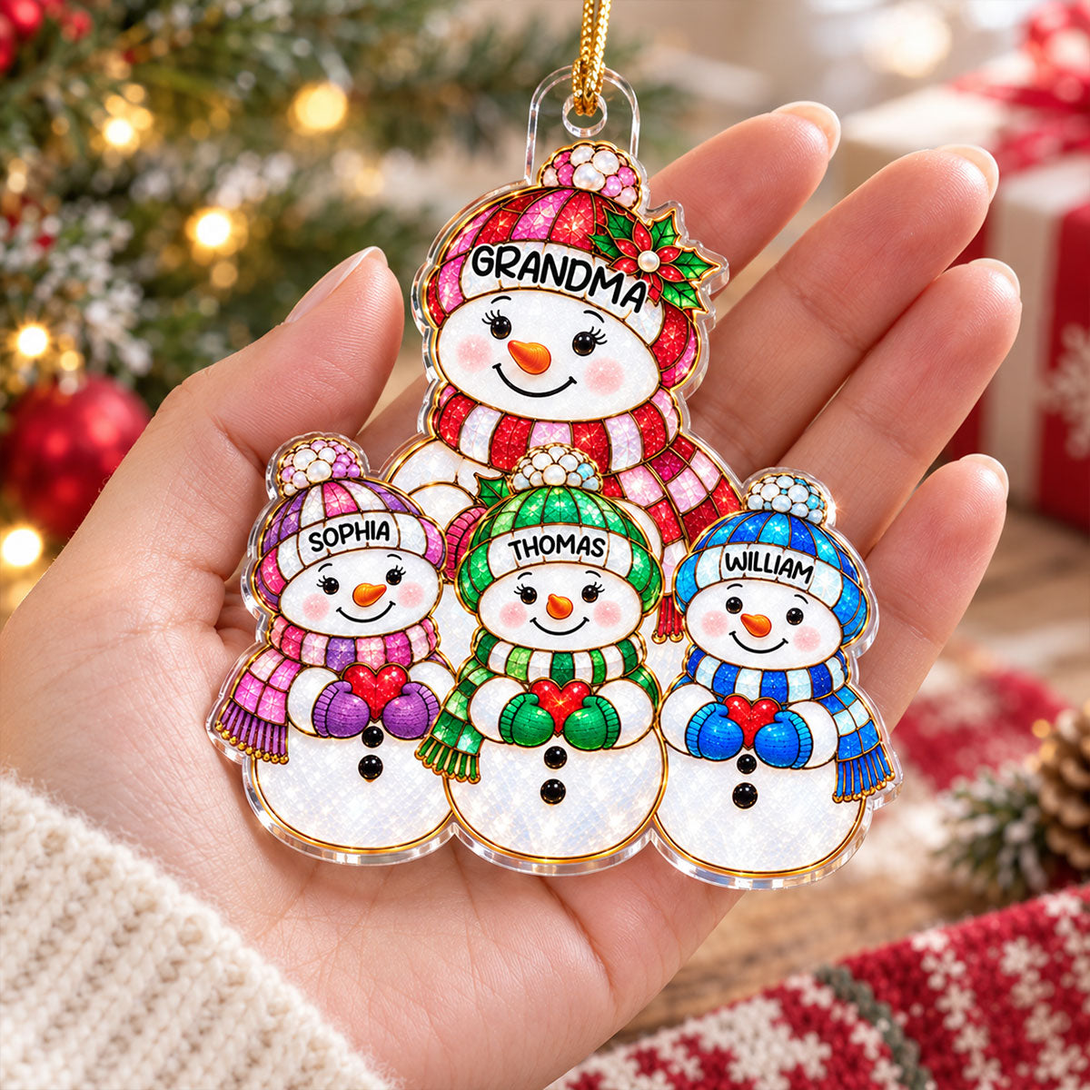 Cute Snowman Grandma Grandpa & Grandkids 2D Flat Printed - Personalized Acrylic Ornament - Christmas Decor For Family, Grandma, Grandpa