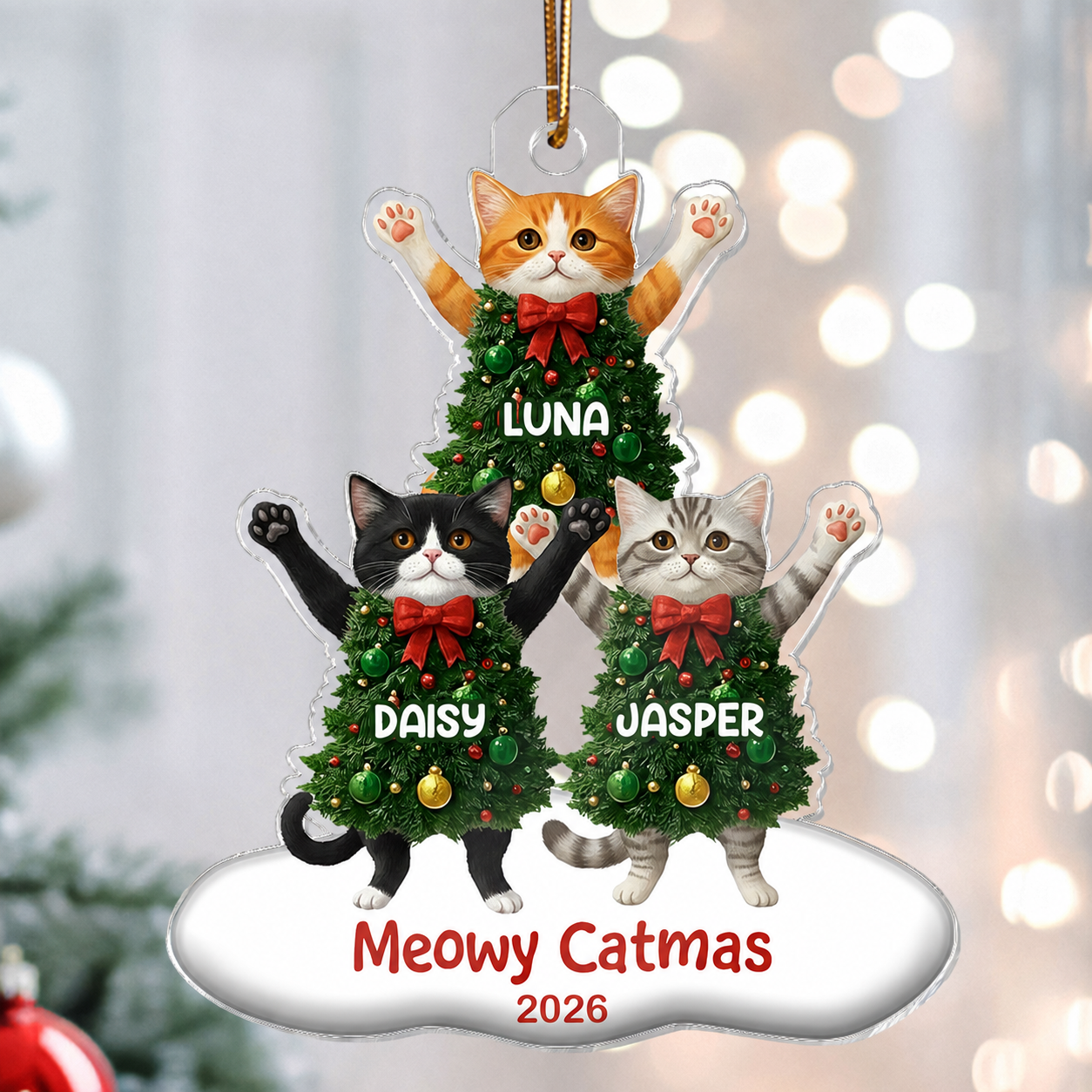 Whimsical Cat Christmas Tree - Personalized Acrylic Ornament - Gift For Cat Lover