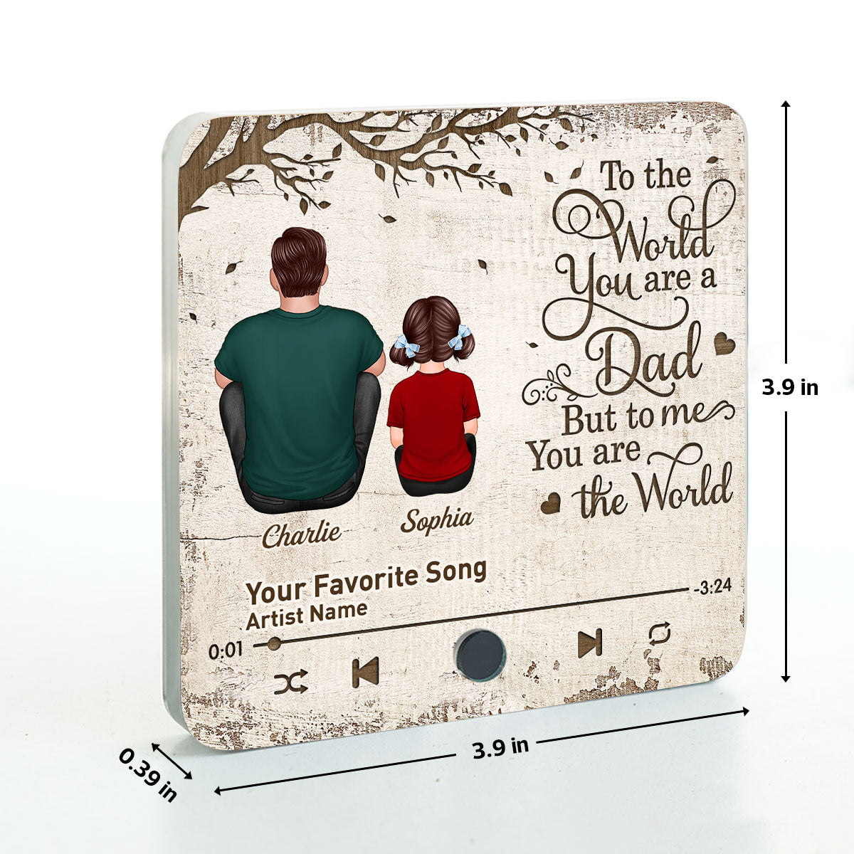 Dad And Kids Dogs Cats Sitting Under Tree To The World You Are A Dad Personalized Personalized Music Fridge Magnet, Heartfelt Gift For Dad
