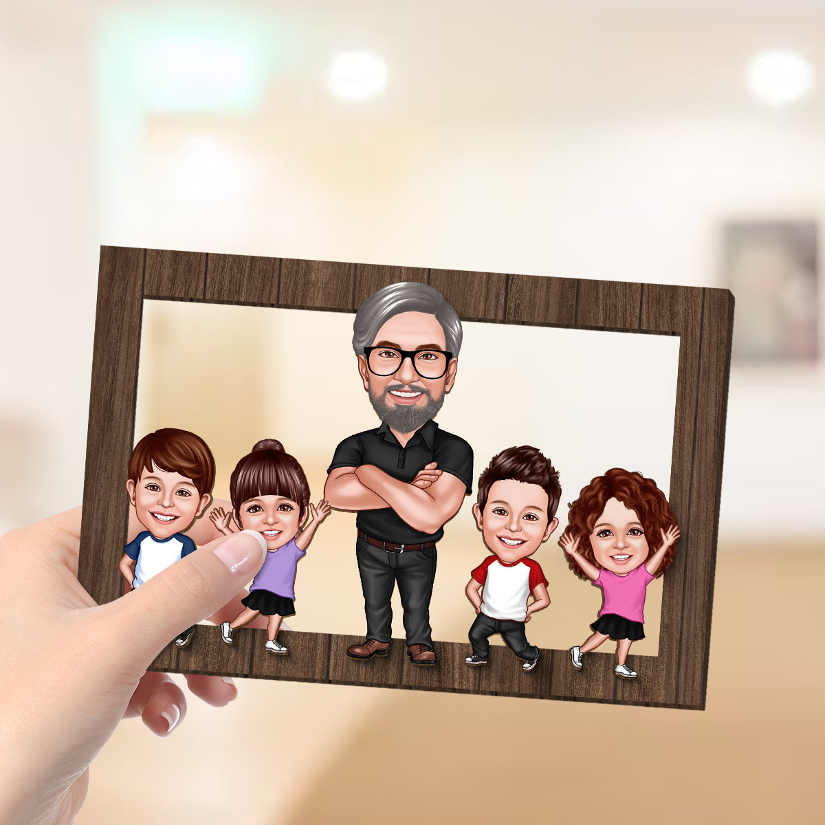 Dad Grandpa Kids Caricature Frame Personalized 2-Layer Wooden Plaque, Father's Day Gift For Dad, For Husband, For Him