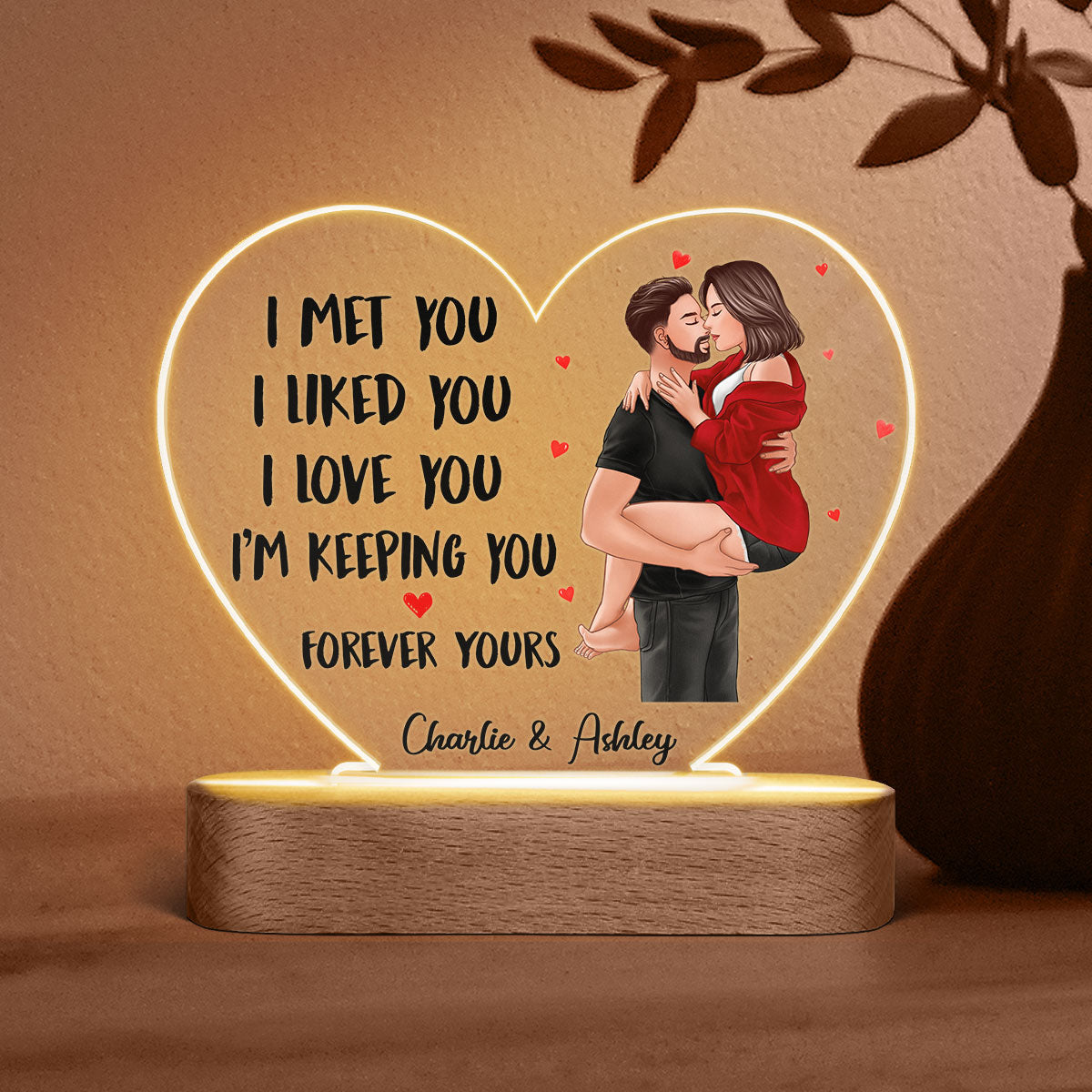 Man Holding Woman Kissing Gift For Him For Her Personalized Acrylic Heart Plaque With LED Night Light