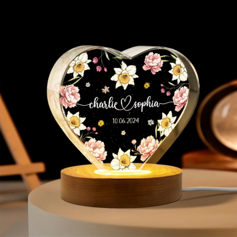 Couple Name Birth Month Flower Premium Crystal Heart LED, Unique Personalized Gift For Couple, For Him, For Her, Perfect Last-minute Valentine's Gift, Free Delivery