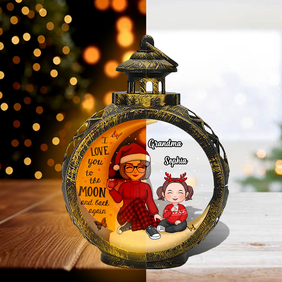 Cute Grandma & Grandkid On Moon Christmas Gift Personalized Lantern Ornament