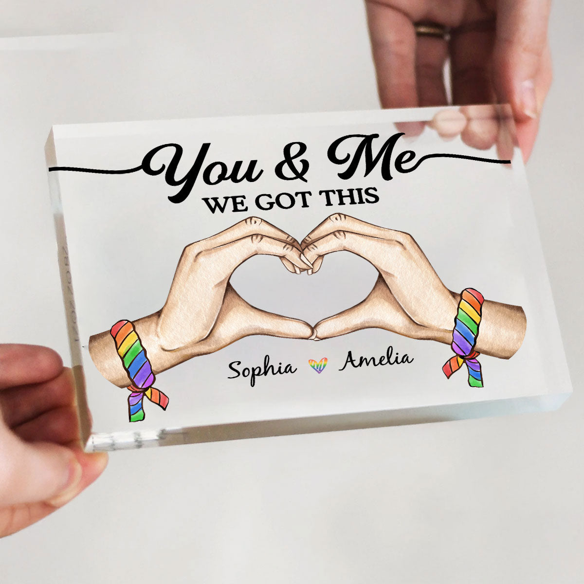 Pride Month LGBT Couple Heart Hands Personalized Rectangle Acrylic Block Plaque, Gift For Couple