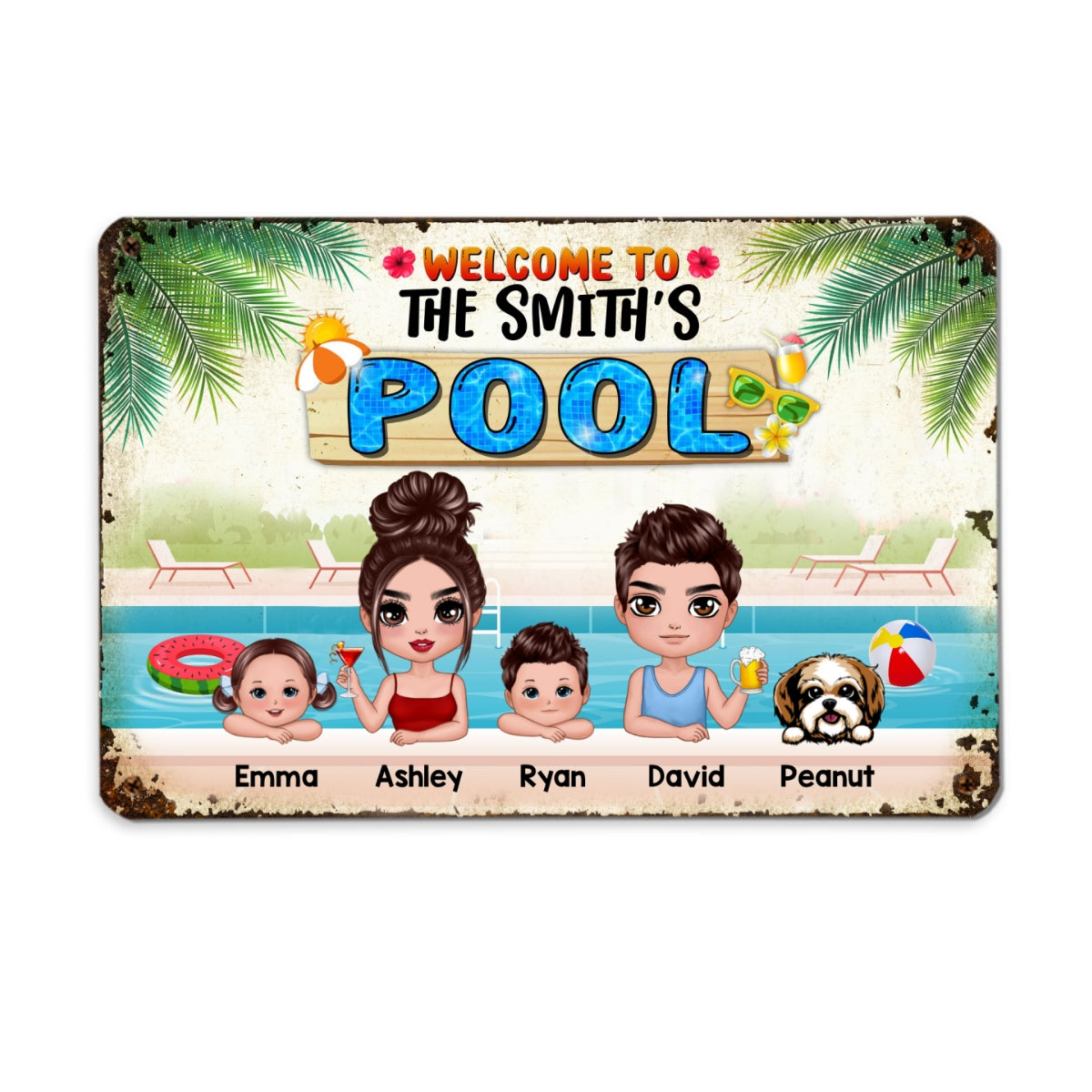 Welcome To Family Pool Couple Dad Mom Kids Dogs Cats Summer Personalized Metal Sign
