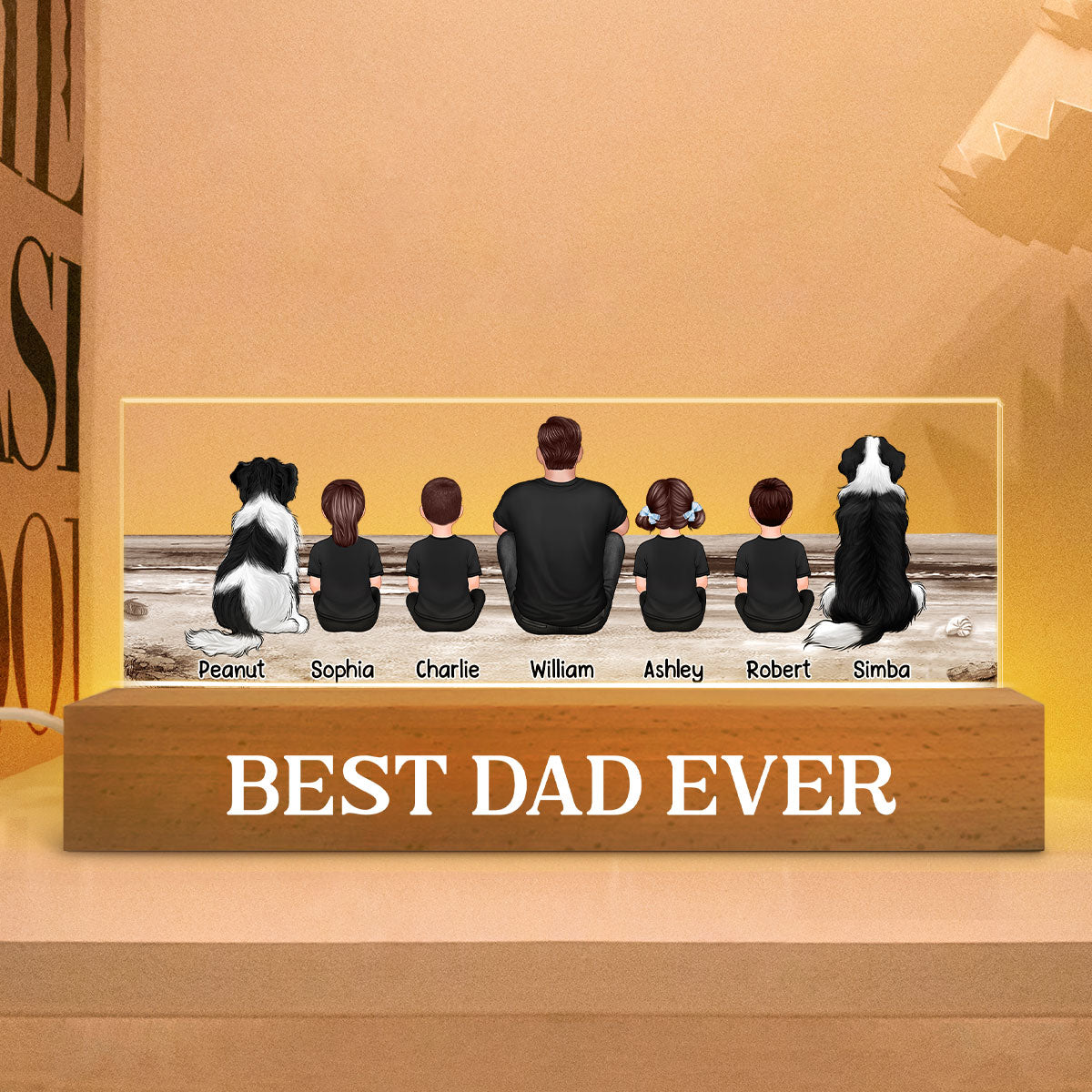 Retro Vintage Dad And Sons Daughters Sitting Beach Landscape Personalized Acrylic Block LED Night Light, Heartfelt Father's Day Gift For Dad
