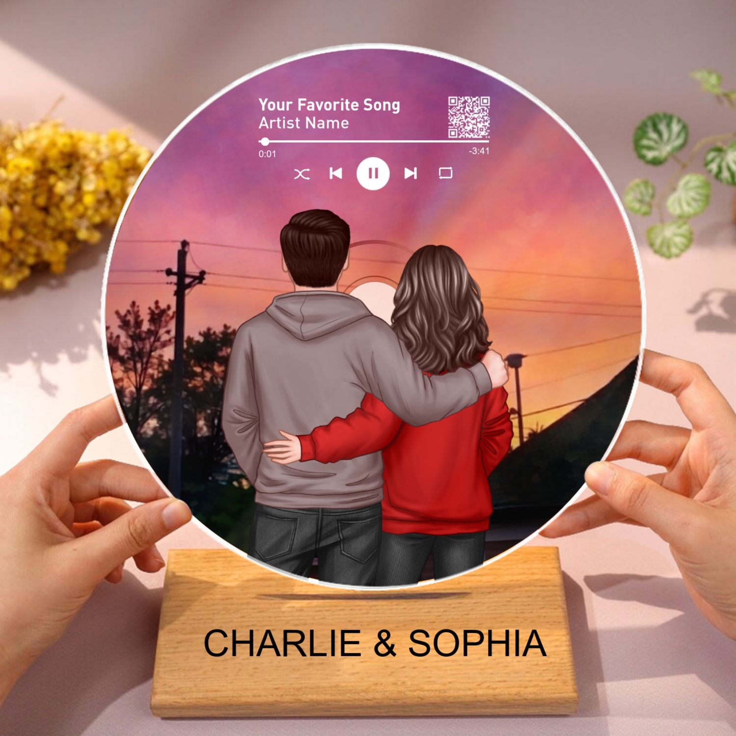 Couple Back View In the Sunset Custom Vinyl Record Acrylic Song Plaque, Scannable QR Code, Personalized Birthday, Anniversary Gift for her and for him