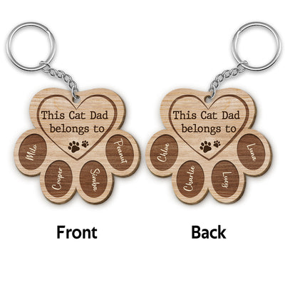 This Cat Dad Belongs To Paw Shape Personalized Wooden Keychain