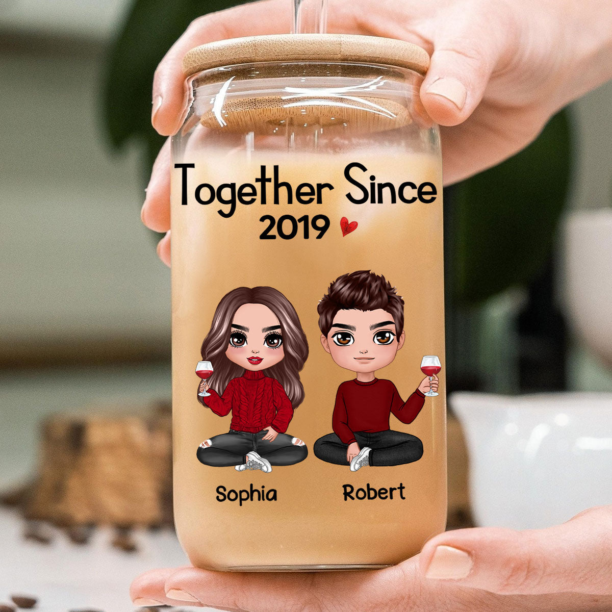 Doll Couple Sitting Anniversary Gift For Couples Personalized Clear Glass Can