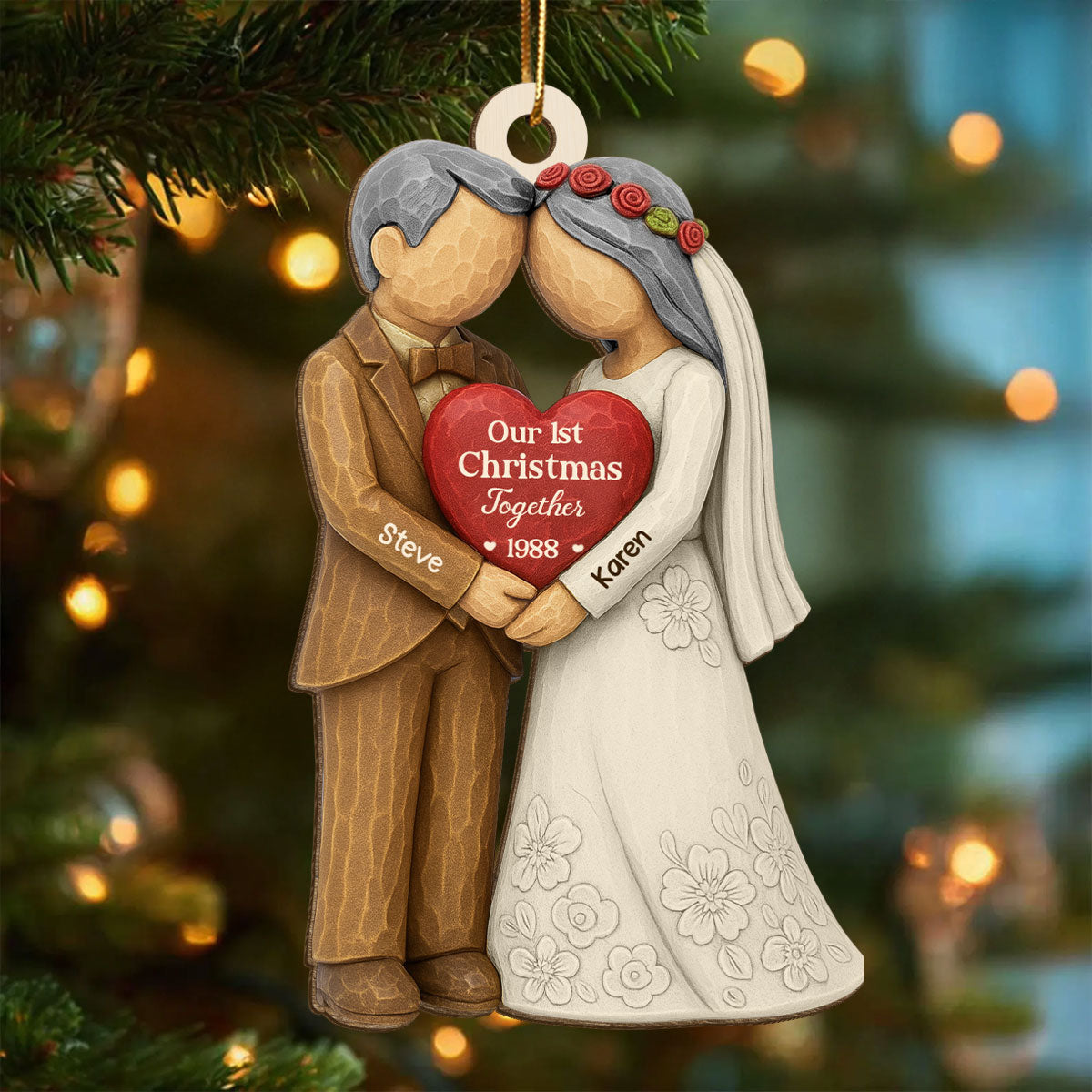 3D Effect First Christmas Married Engaged Couple - Personalized Wooden Ornament - Christmas Gift for her, for him, Newlyweds Gift